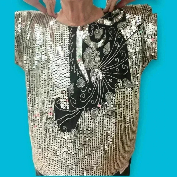 Vintage 70’s disco Studio 54 Jean for Joseph Le Bon Silk Sequins statement Top-L - Picture 8 of 14